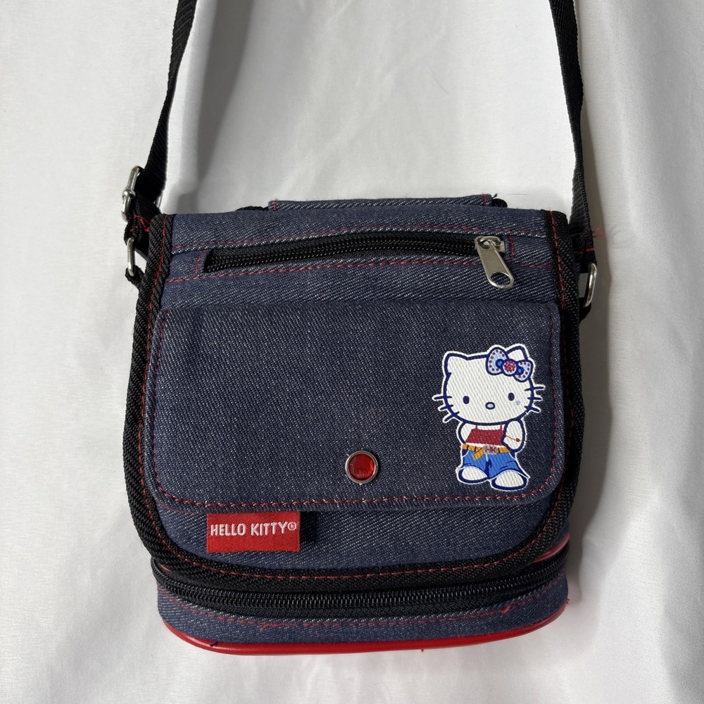 Vtg Y2K 2002 Sanrio Hello Kitty Denim Blue Red Crossbody Bag Purse 7.5x7"